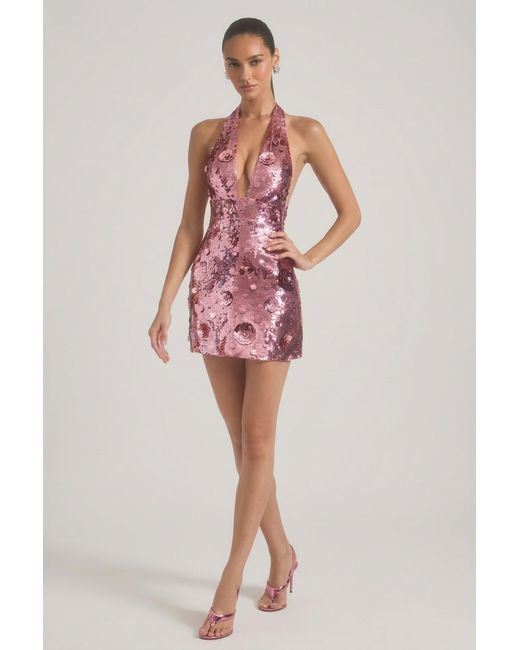 Oh Polly Pink Sequin-Embellished Halterneck Mini Dress