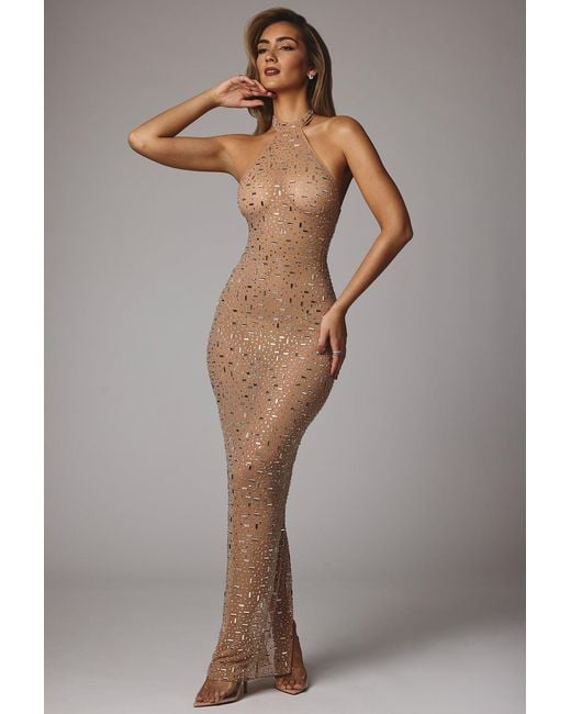 Oh Polly Natural Sheer Embellished High Neck Evening Gown