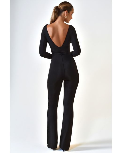 Oh Polly Black Modal Ruched Plunge Flared Jumpsuit