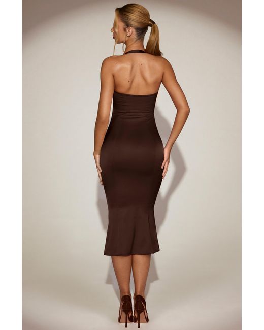 Oh Polly Brown Satin Sweetheart Bustier Fishtail Midaxi Dress