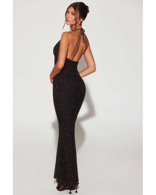 Oh Polly Black Embellished Plunge Halter Neck Evening Gown