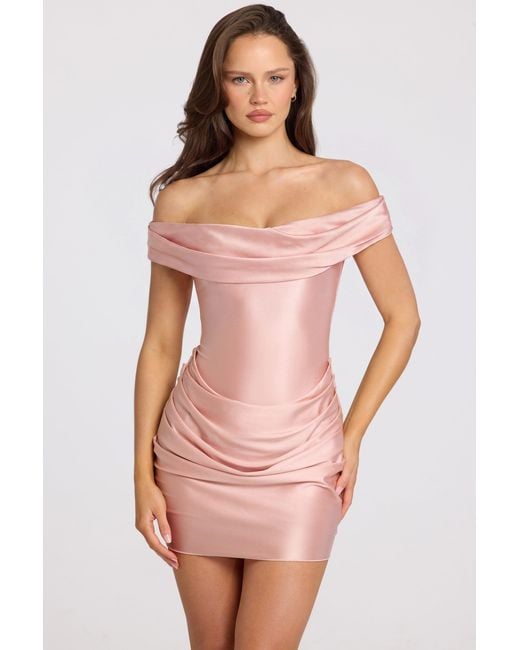 Oh Polly Pink Satin Off-Shoulder Draped Mini Dress