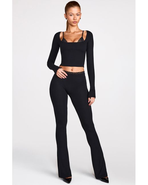 Oh Polly Black Modal Mid-Rise Flared Trousers