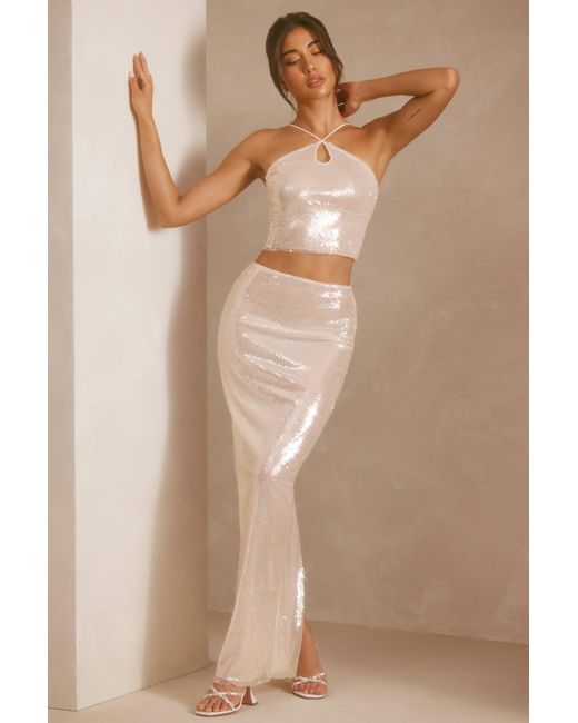 Oh Polly White Sheer Sequin Keyhole Cut Out Halter Neck Crop Top
