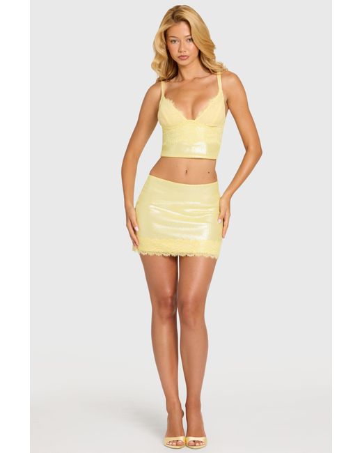 Oh Polly Yellow Sequin Lace Mid-Rise Mini Skirt