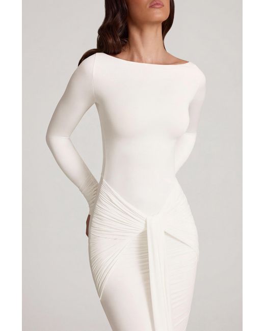 Oh Polly White Soft Jersey Boat-Neck Tie-Gather Maxi Dress