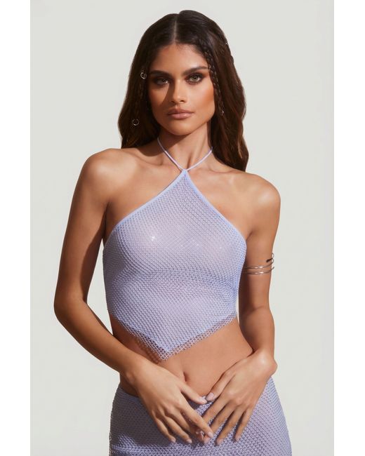 Oh Polly Blue Embellished Open Back Crop Top