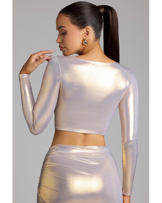 Oh Polly Plunge Neck Metallic Jersey Crop Top
