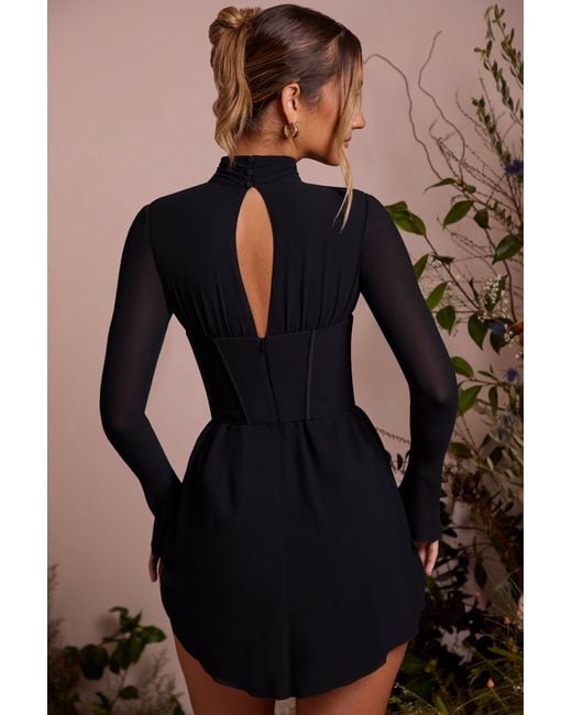 Oh Polly Black Long Sleeve Plunge Neck Mini Dress