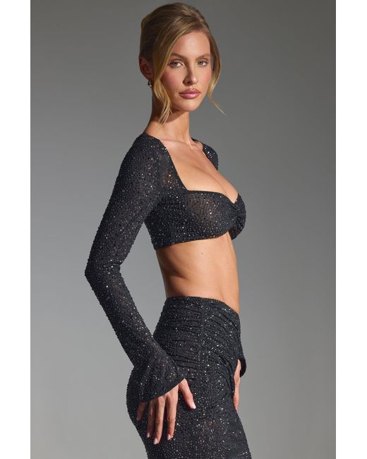 Oh Polly Black Embellished Long-Sleeve Crop Top