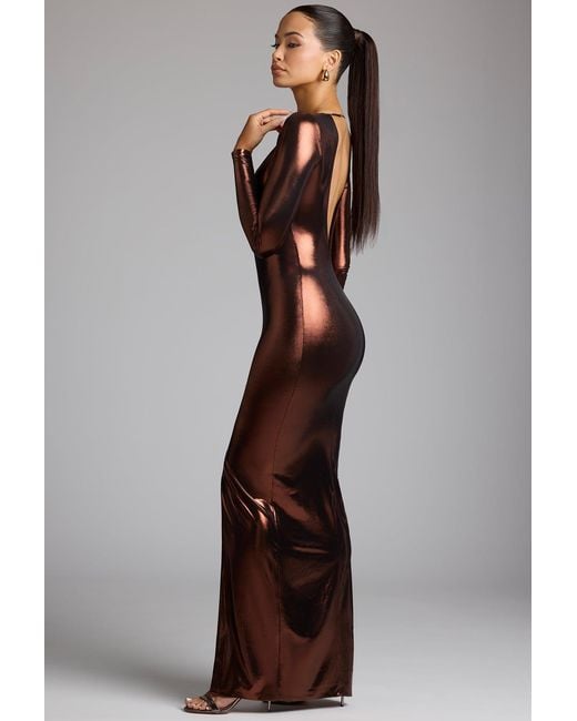 Oh Polly Brown Long Sleeve Metallic Jersey Evening Gown