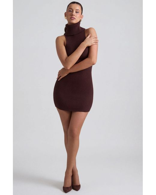 Oh Polly Brown Ribbed-Knit Turtleneck Mini Dress
