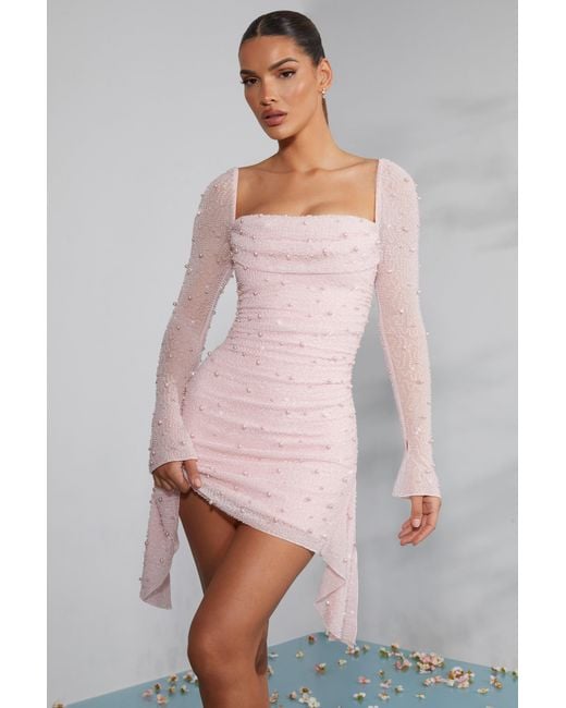 Oh Polly Pink Long Sleeve Embellished Cowl Neck Mini Dress