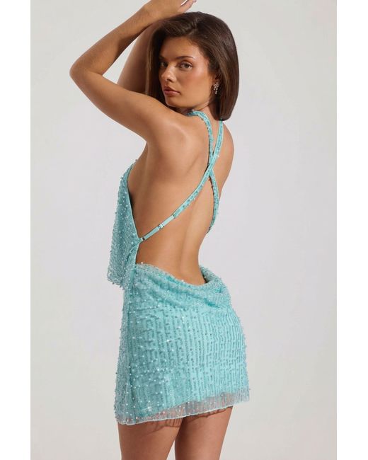 Oh Polly Blue Embellished Cowl-Neck Backless Mini Dress