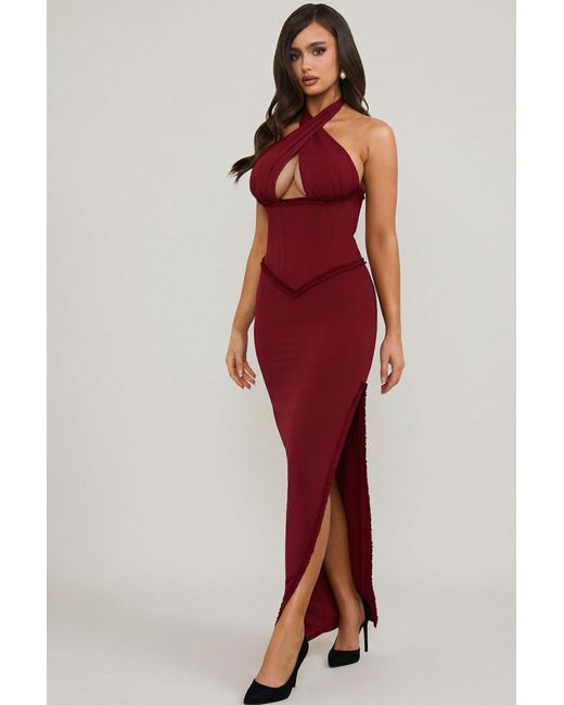 Oh Polly Red Halterneck Lace-Up Corset Maxi Dress