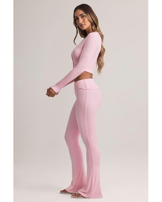 Oh Polly Pink Modal Foldover Mid-Rise Flared Trousers