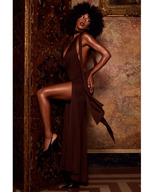 Oh Polly Brown Soft-Jersey Plunge Halterneck Maxi Dress