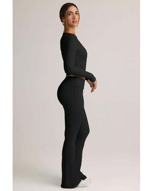 Oh Polly Black Modal Ribbed Foldover Flared Trousers