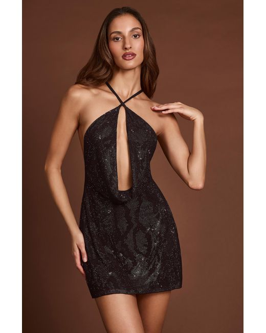Oh Polly Black Embellished Halterneck Cowl A-Line Mini Dress
