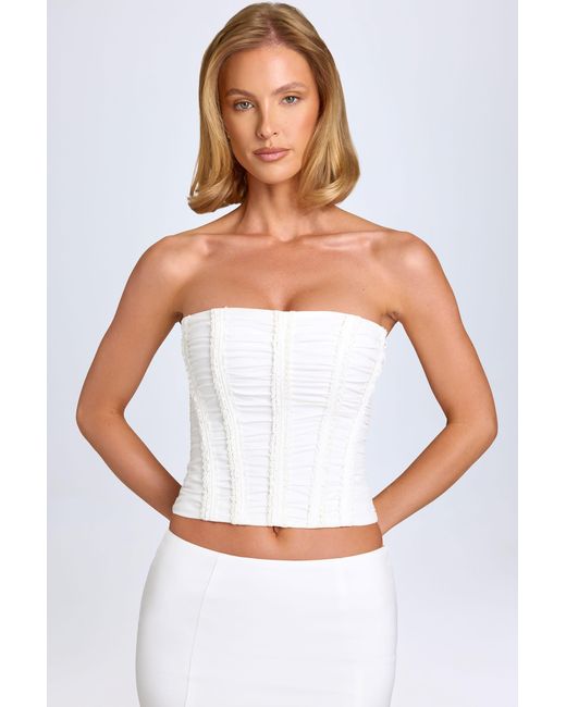 Oh Polly White Ruched Lace-Up Corset Top