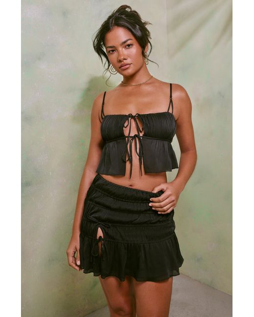 Oh Polly Black Shirred Thigh High Split Mid Rise Mini Skirt