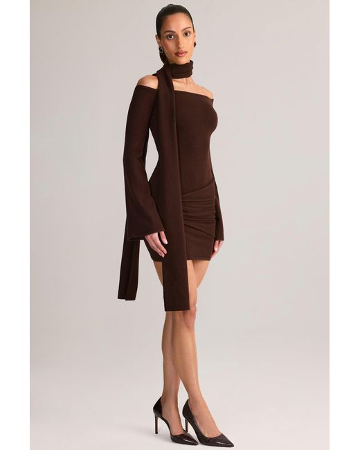 Oh Polly Brown Knit Scarf-Detail Off-Shoulder Mini Dress