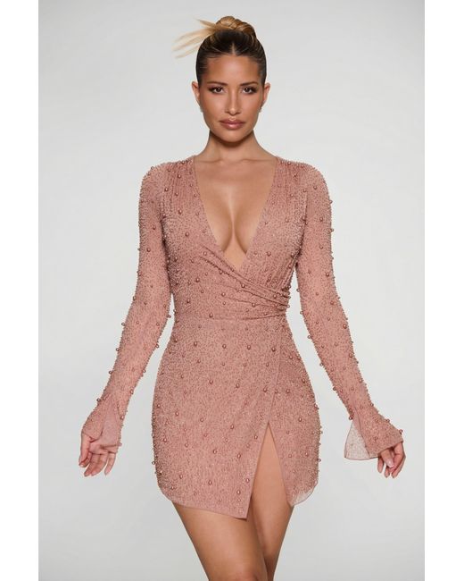 Oh Polly Natural Embellished Wrap Over A-Line Mini Dress