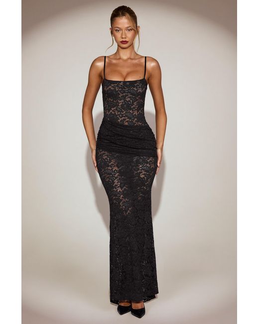 Women's Black Sheer Lace Square-Neck Ruched Gown