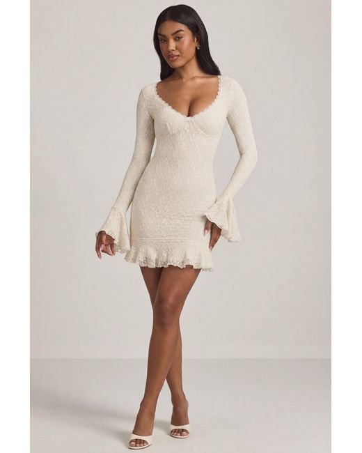 Oh Polly White Long-Sleeve Ruffled Lace Mini Dress