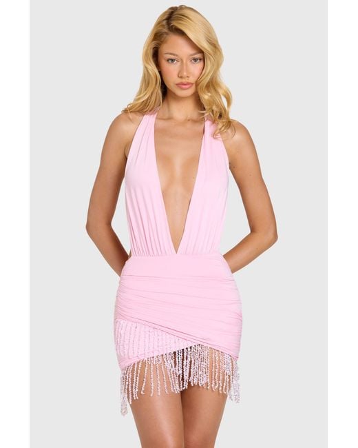 Oh Polly Pink Fringed Halterneck Mini Dress