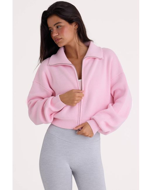BO+TEE Pink Ribbed Knit Zip-Up Cropped Sweatshirt