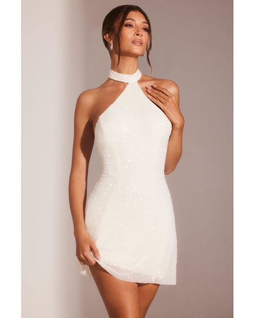Oh Polly White Embellished Asymmetric Neck A-Line Mini Dress