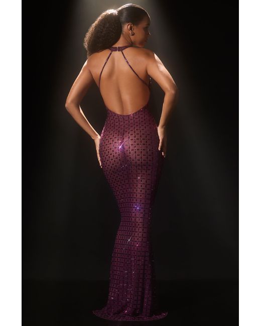 Oh Polly Purple Embellished Semi-Sheer Halterneck Gown