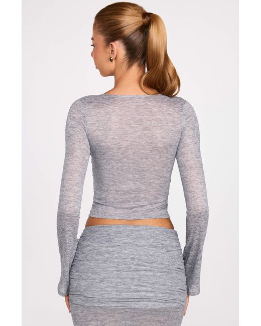 Oh Polly Gray Sheer Jersey Plunge Long-Sleeve Top