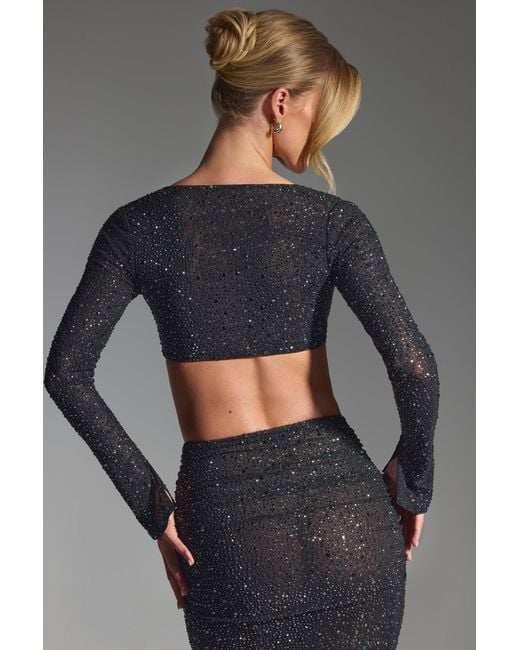 Oh Polly Black Embellished Long-Sleeve Crop Top