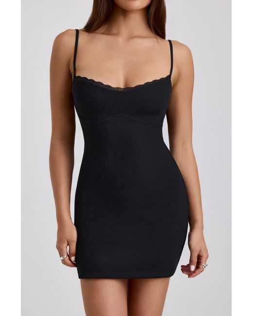 Oh Polly Black Ribbed Modal Lace-Trim Mini Dress