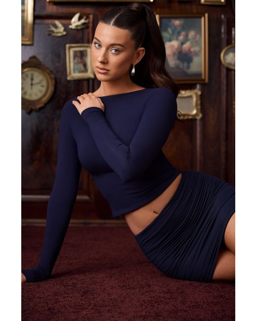 Oh Polly Blue Modal High Neck Long Sleeve Open Back Top