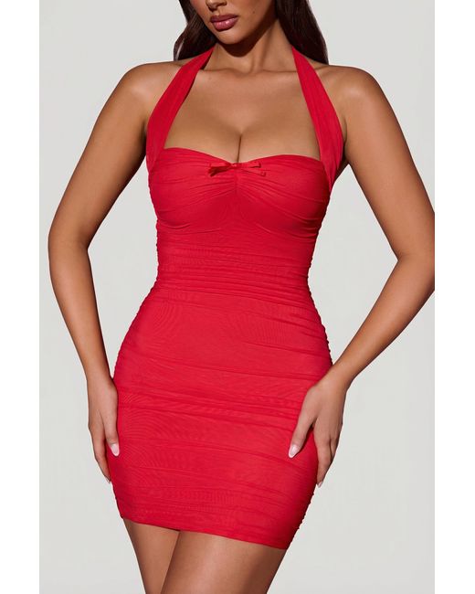 Oh Polly Red Bow-Embellished Ruched Halterneck Mini Dress