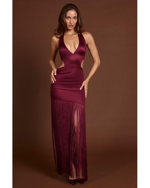 Oh Polly Red Fringed Plunge-Neck Maxi Dress