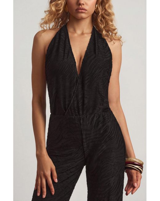 Oh Polly Black Devoré Halterneck Open-Back Jumpsuit