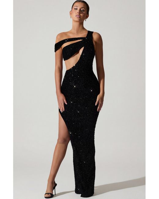 Oh Polly Black Embellished Asymmetric Cut-Out Gown