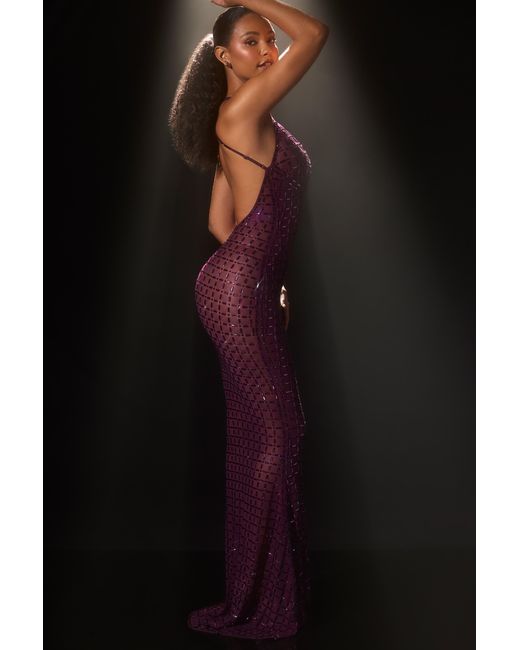 Oh Polly Purple Embellished Semi-Sheer Halterneck Gown