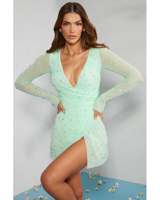 Oh Polly Green Embellished Wrap Over A-Line Mini Dress