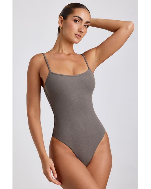 Oh Polly Gray Ribbed Modal Square Neck Bodysuit