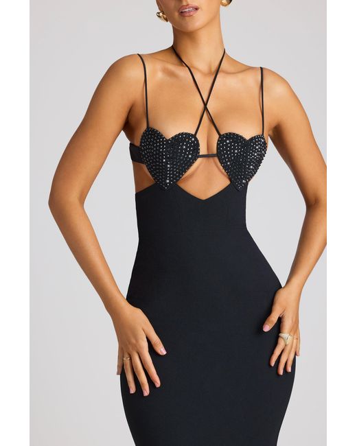 Oh Polly Black Embellished Heart Cup Detail Evening Gown