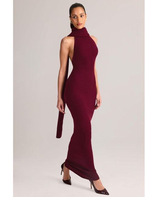 Oh Polly Red Rib-Knit Scarf-Detail Halterneck Maxi Dress
