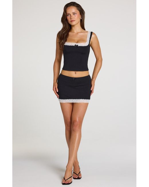 Oh Polly Black Modal Lace-Trim Low-Rise Skort