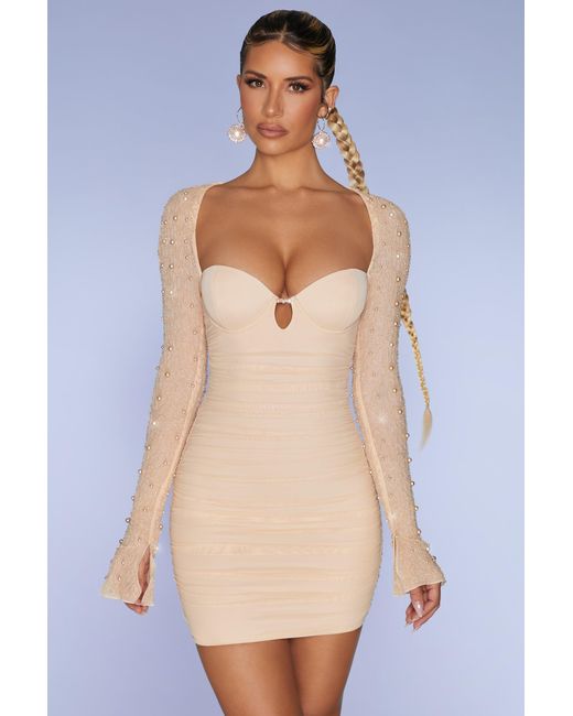 Oh Polly Natural Embellished Long Sleeve Mini Dress