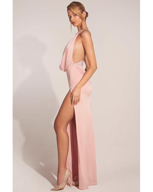 Oh Polly Pink Cowl-Neck Thigh-High Gown