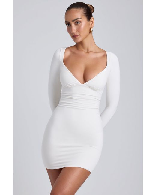 Oh Polly White Modal Ruched Long-Sleeve Mini Dress
